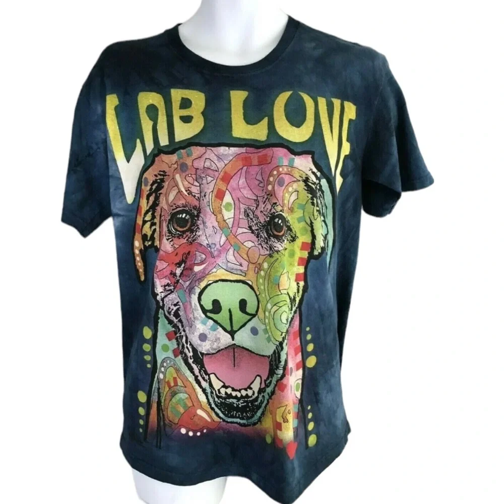 LAB LUV THE MOUNTAIN Dean Russo Tie Dye Dog Puppy Doggo Art T-shirt mens sz S - Picture 1 of 6